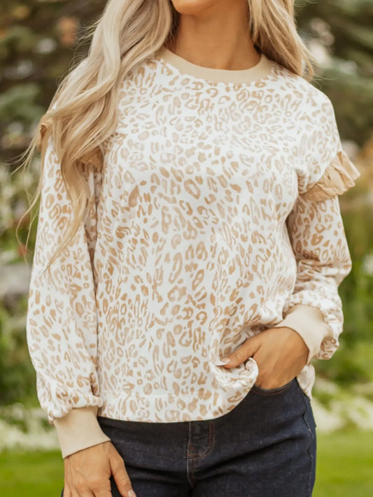 Leopard Ruffle Detail Ribbed Trim Round Neck Sweatshirt