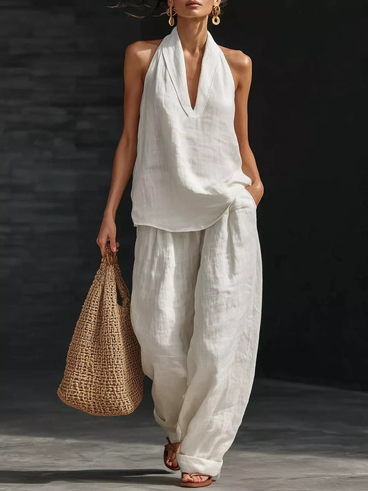 Full Size Halter Neck Top and Wide Leg Pants Set Plus Size