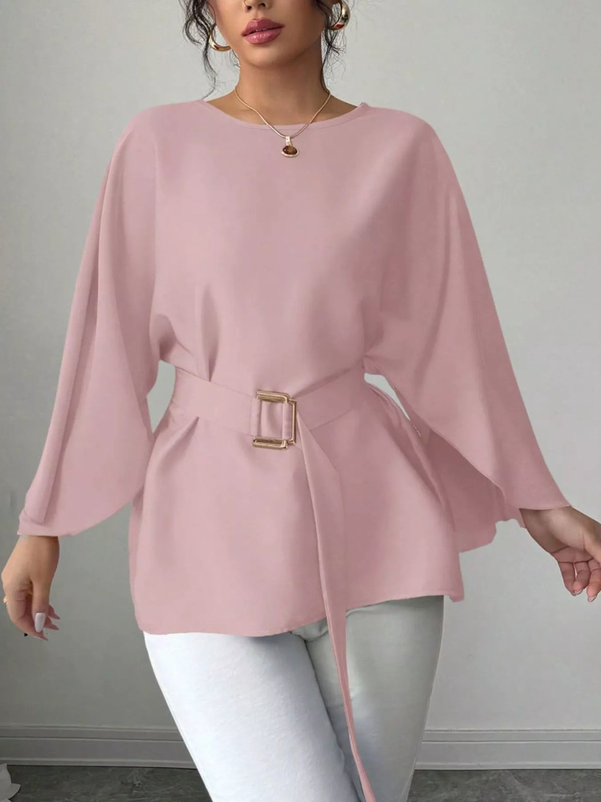 Round Neck Belt Batwing Sleeve Blouse