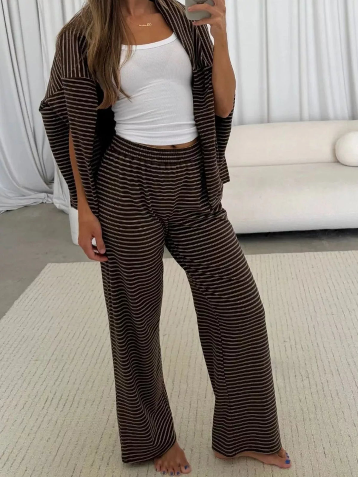 Striped Dropped Shoulder Top and Pants Lounge Set