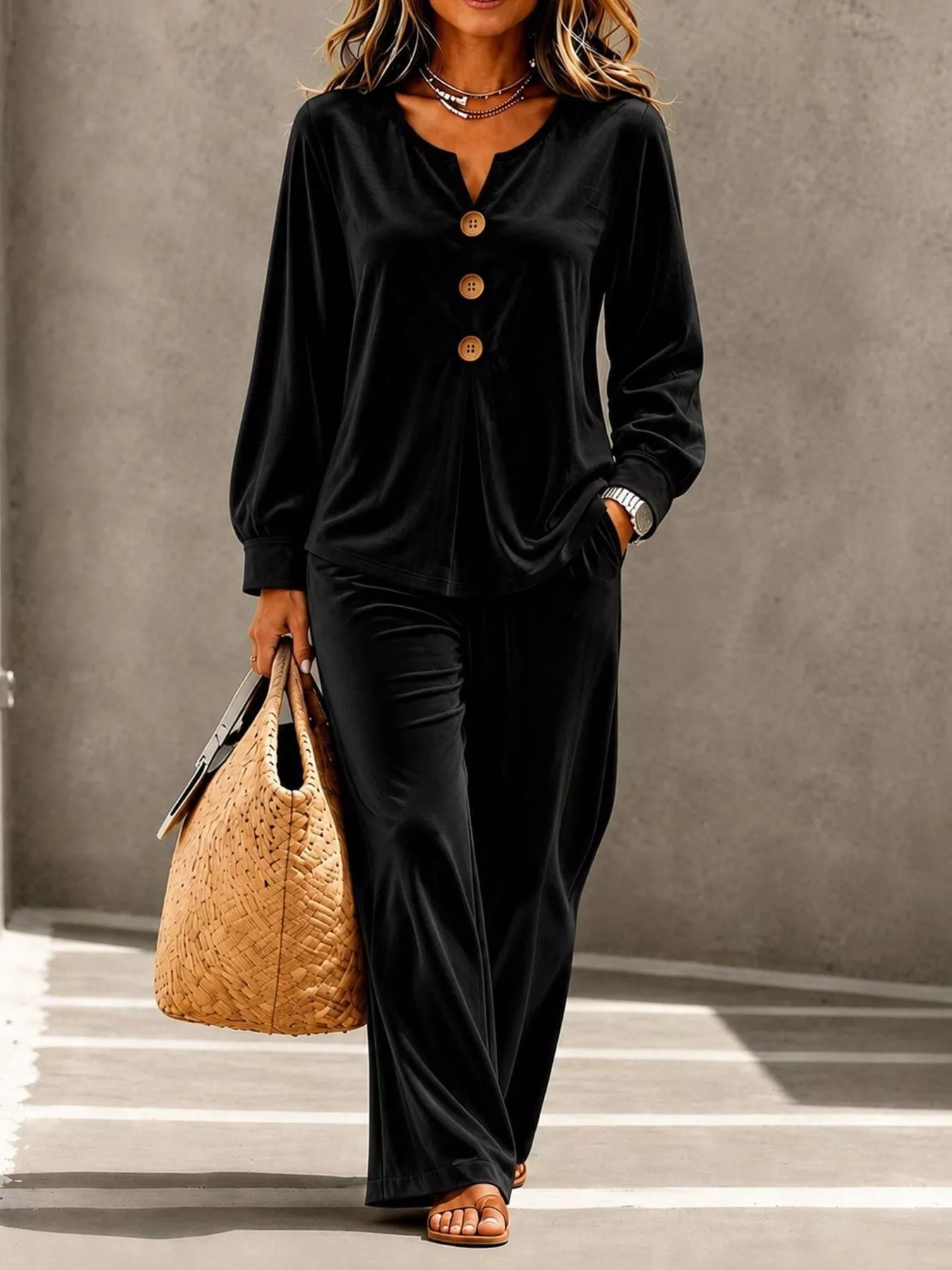 Elegant Velvet Decor-Button Top and Pants Set