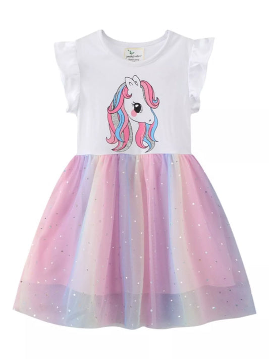 Children's Unicorn Print Rainbow Tulle Dress