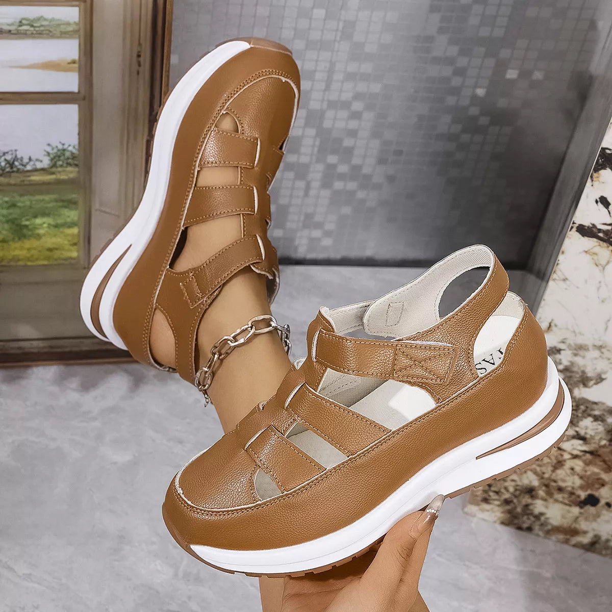 Cutout Wedge Velcro Sandals