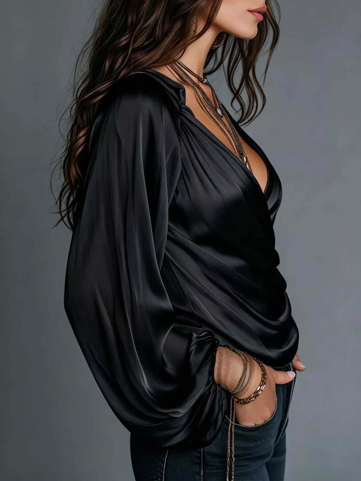 Satin Balloon Sleeve Blouse
