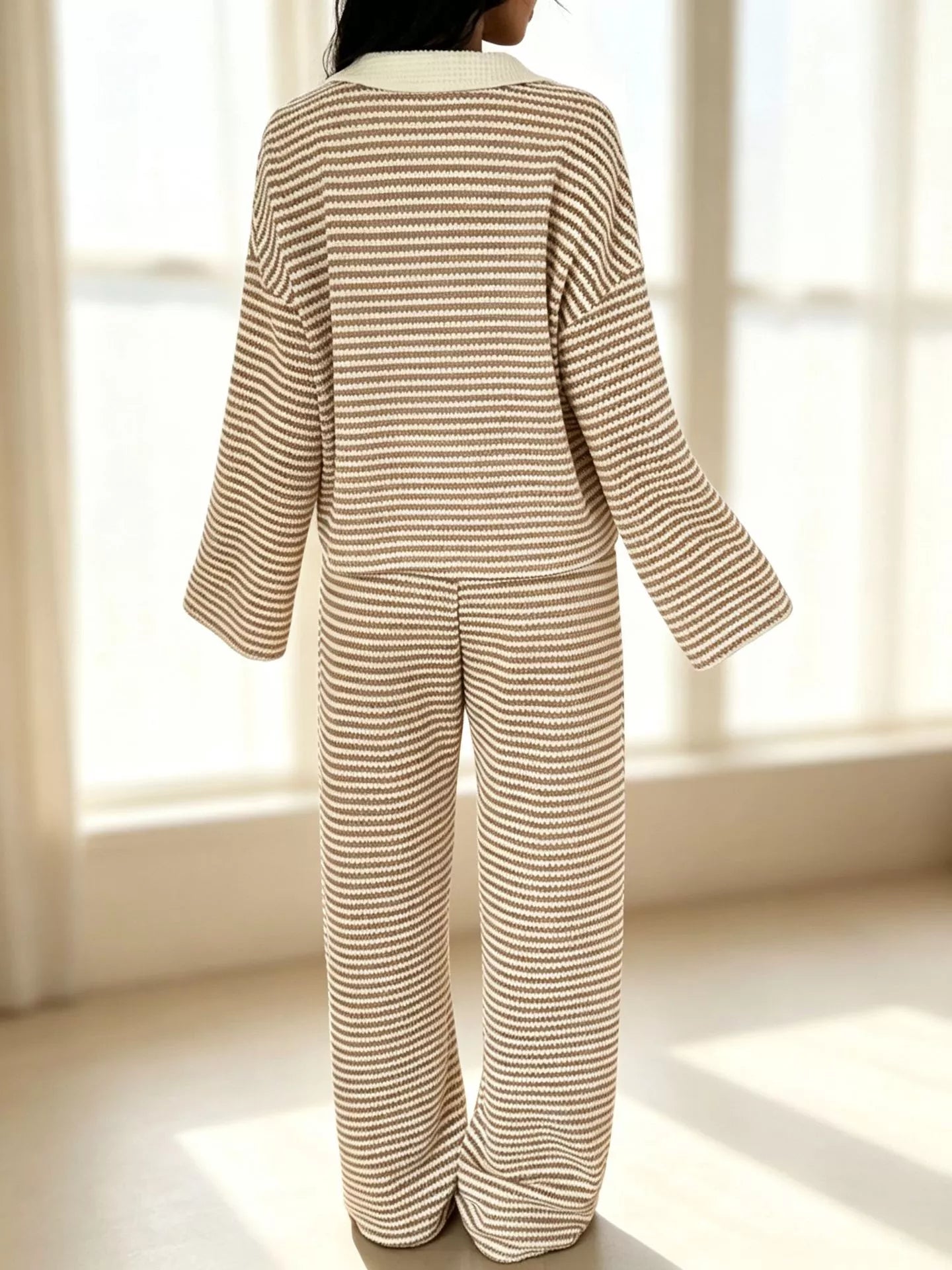 Striped Long Sleeve Polo and Wide-Leg Pants Set