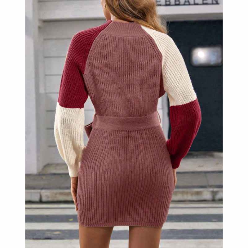 Women's Color Block Sweater Midi Dress - Fall Long Sleeve Bodycon Dress With Tie Waist