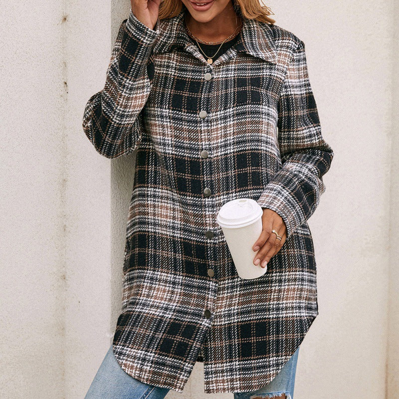 Women's Loose Casual Lapel Plaid Shirt Jacket