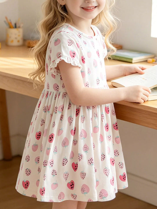 Children's Strawberry Print Ruffle Sleeve Casual Dress