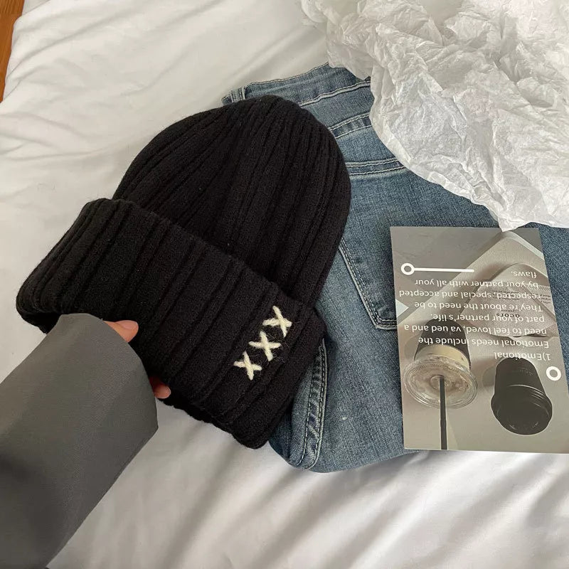 Knitted Beanie Hat with Embroidered Detail