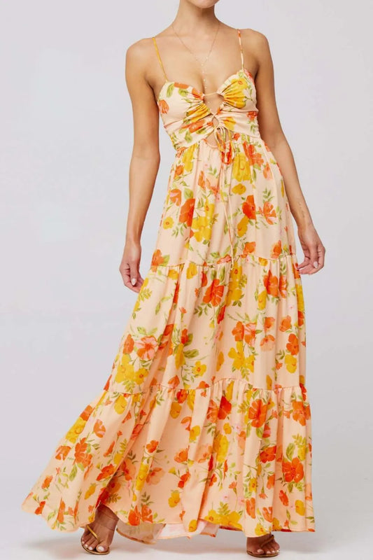 Floral Print Tie Front Tiered Maxi Dress
