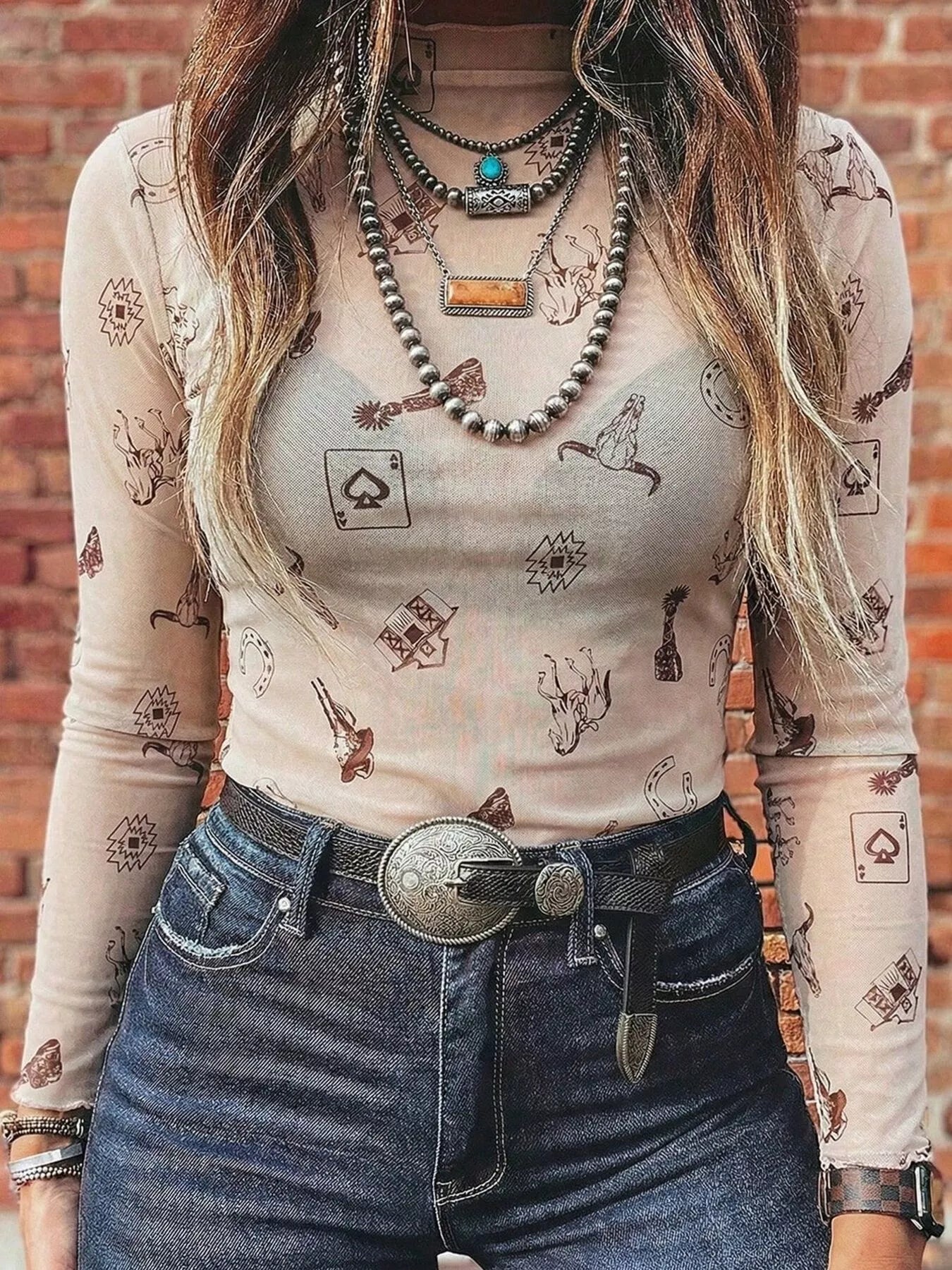 Printed Mesh Long Sleeve Slim Fit Top