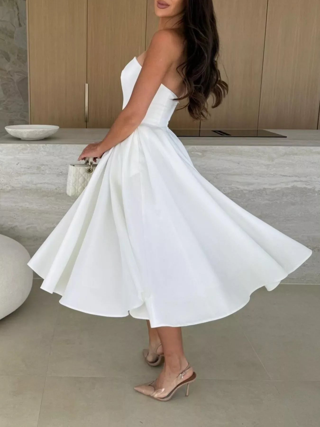 Strapless Ruched A-Line Midi Dress