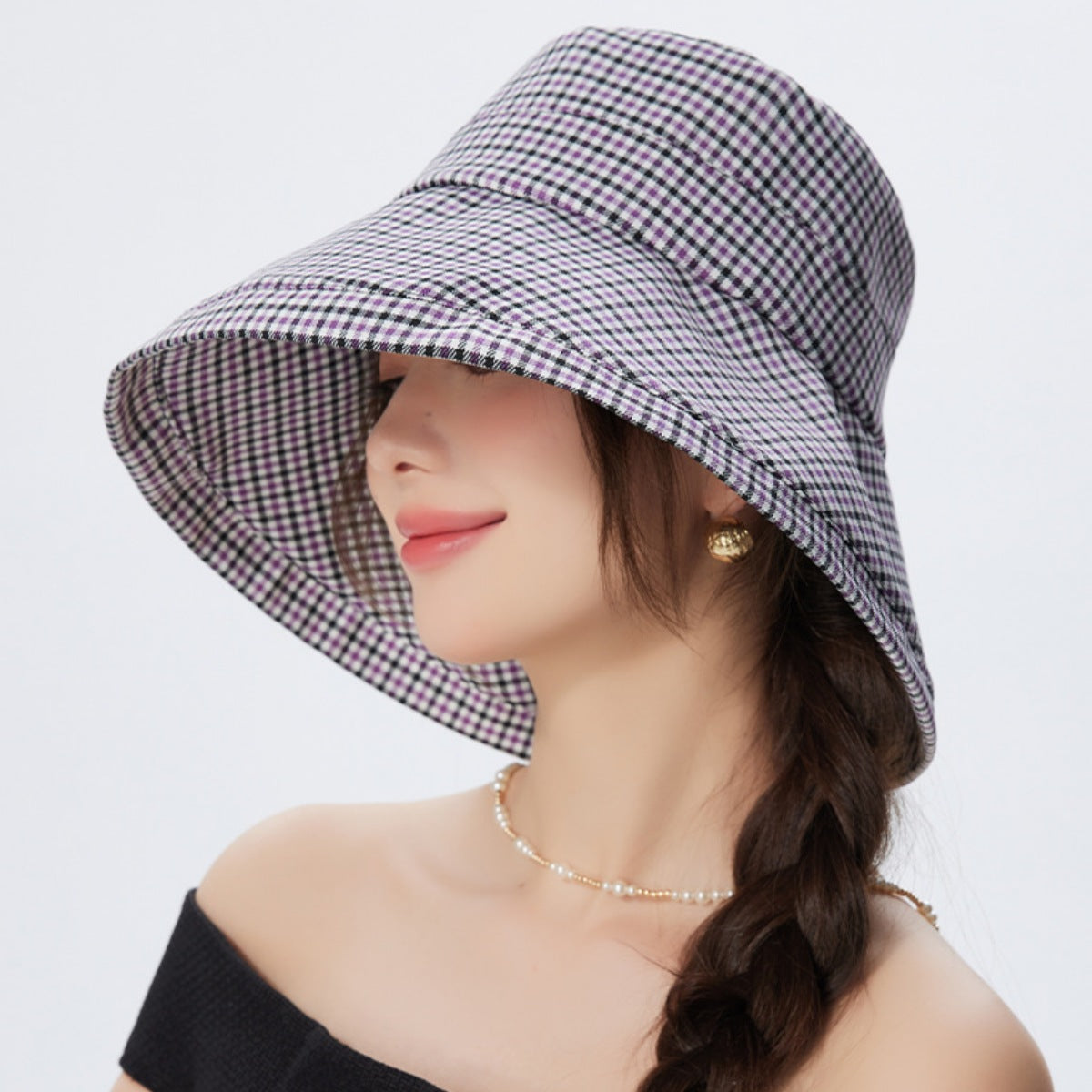 Gingham Pattern Wide Brim Bucket Hat