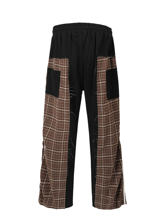 Men's Drawstring Patchwork Plaid Wide Leg Pants