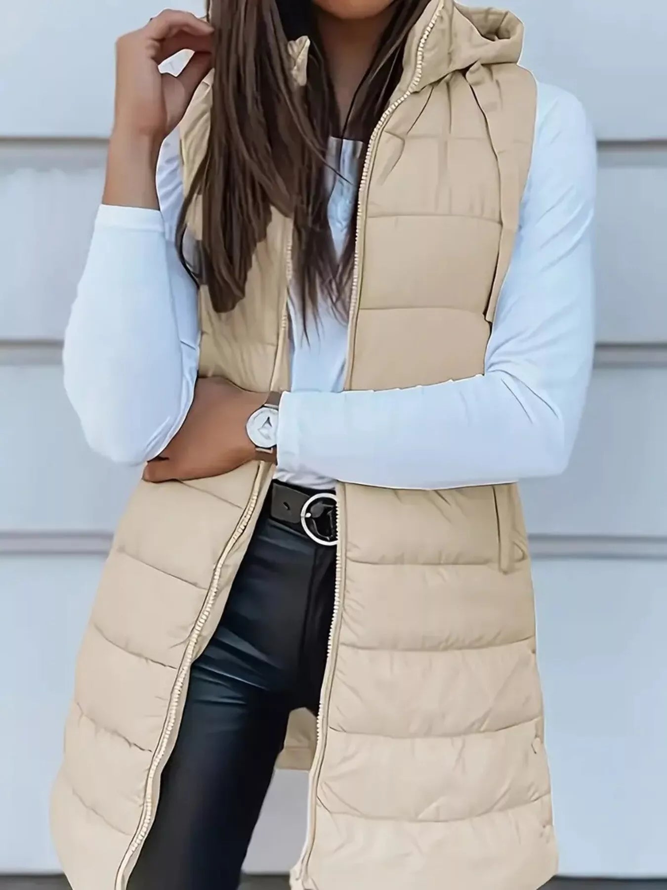 Zip Up Longline Hooded Puffer Vest Coat