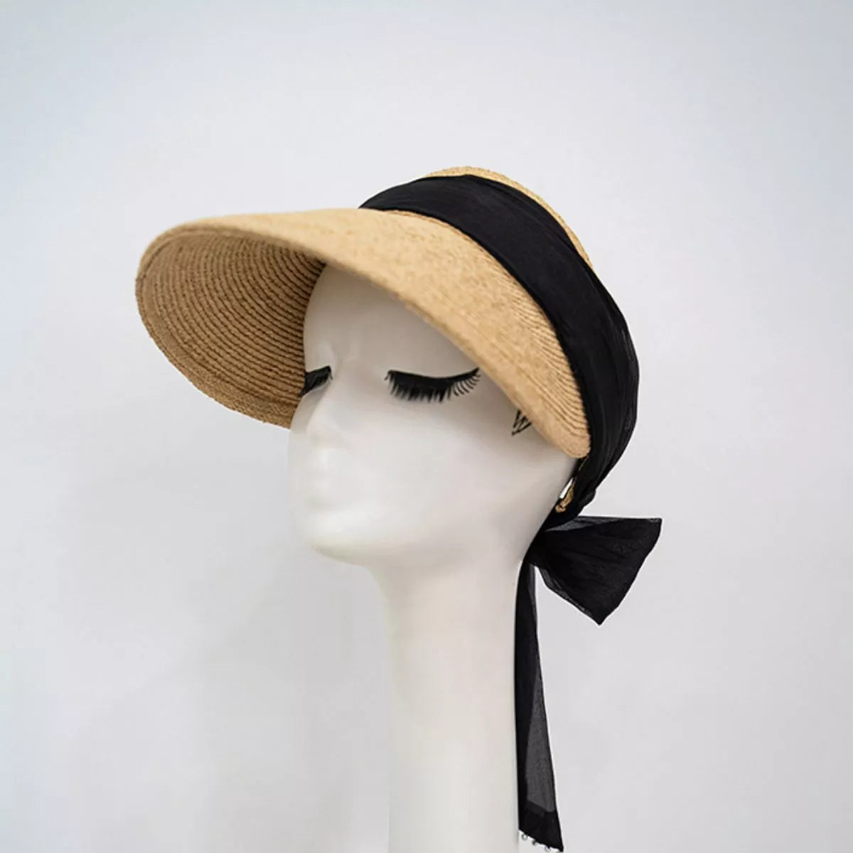 Ribbon-Tie Straw Visor Sun Hat