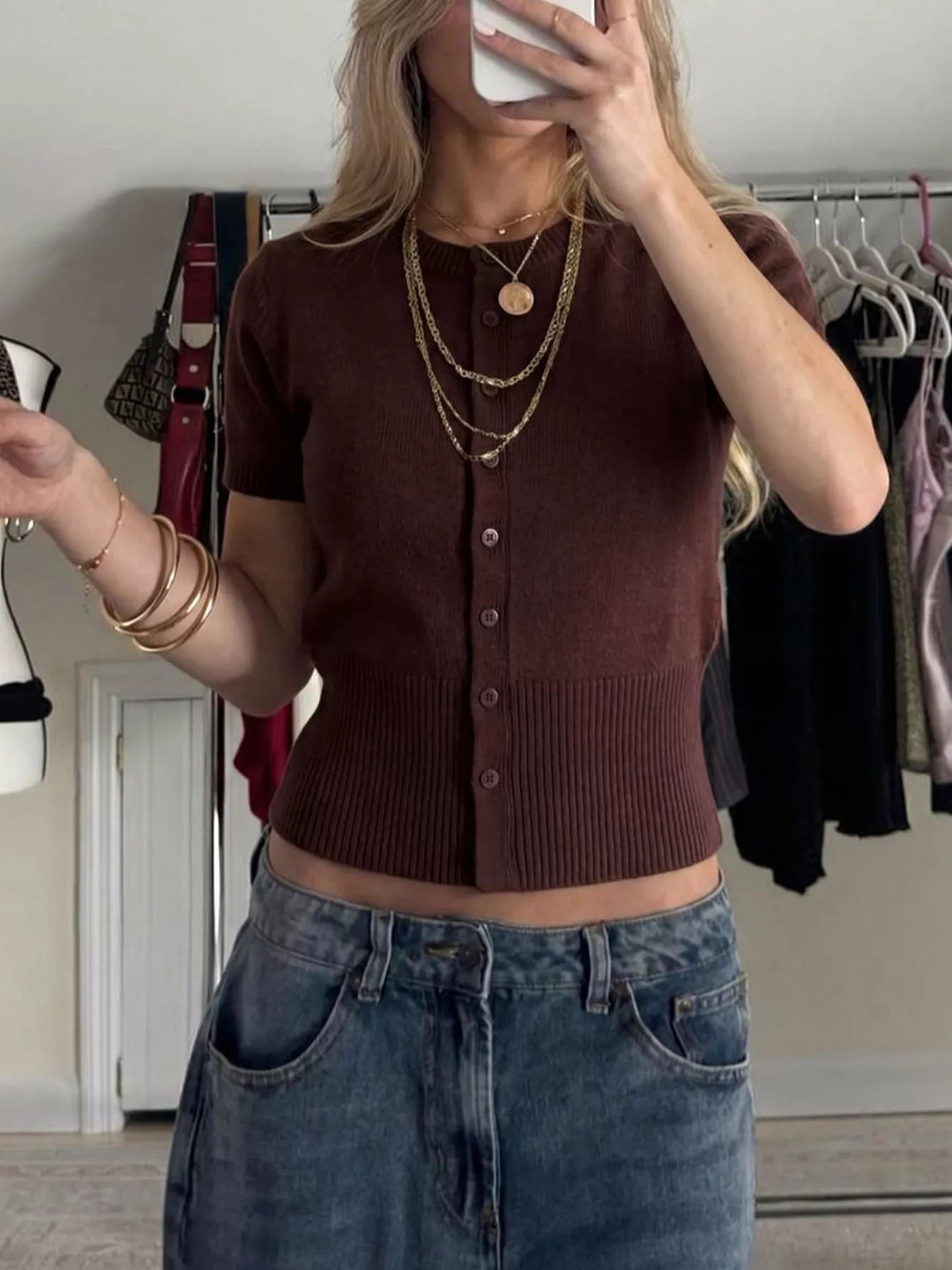 Short-Sleeve Button-Up Cardigan