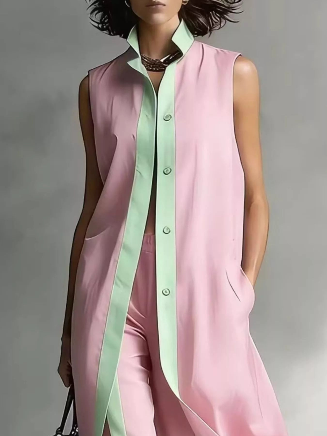 Full Size Sleeveless Longline Vest and Wide‑Leg Pants Set Plus Size