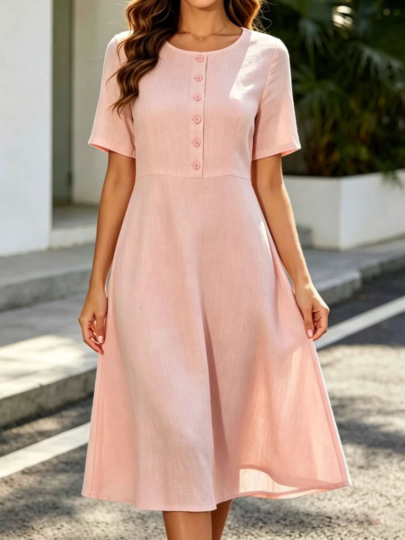 Button Detail A-Line Midi Dress