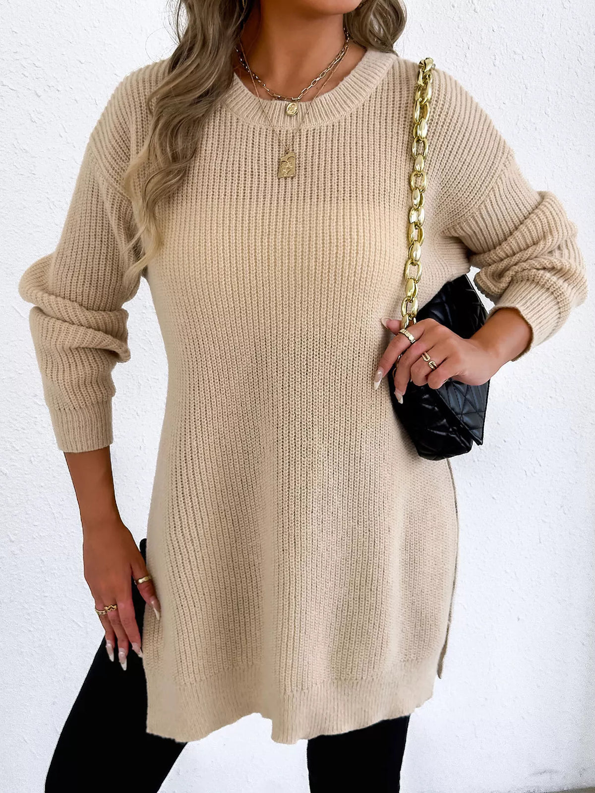 Side-Slit Dropped Shoulder Sweater