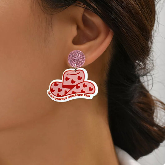 Cowboy Hat Dangle Earrings with Heart Accents