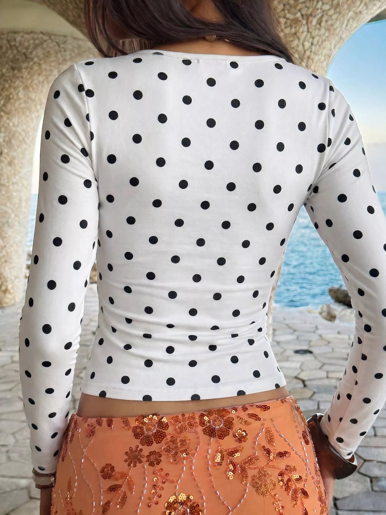 Polka Dot Square Neck Long Sleeve T-Shirt
