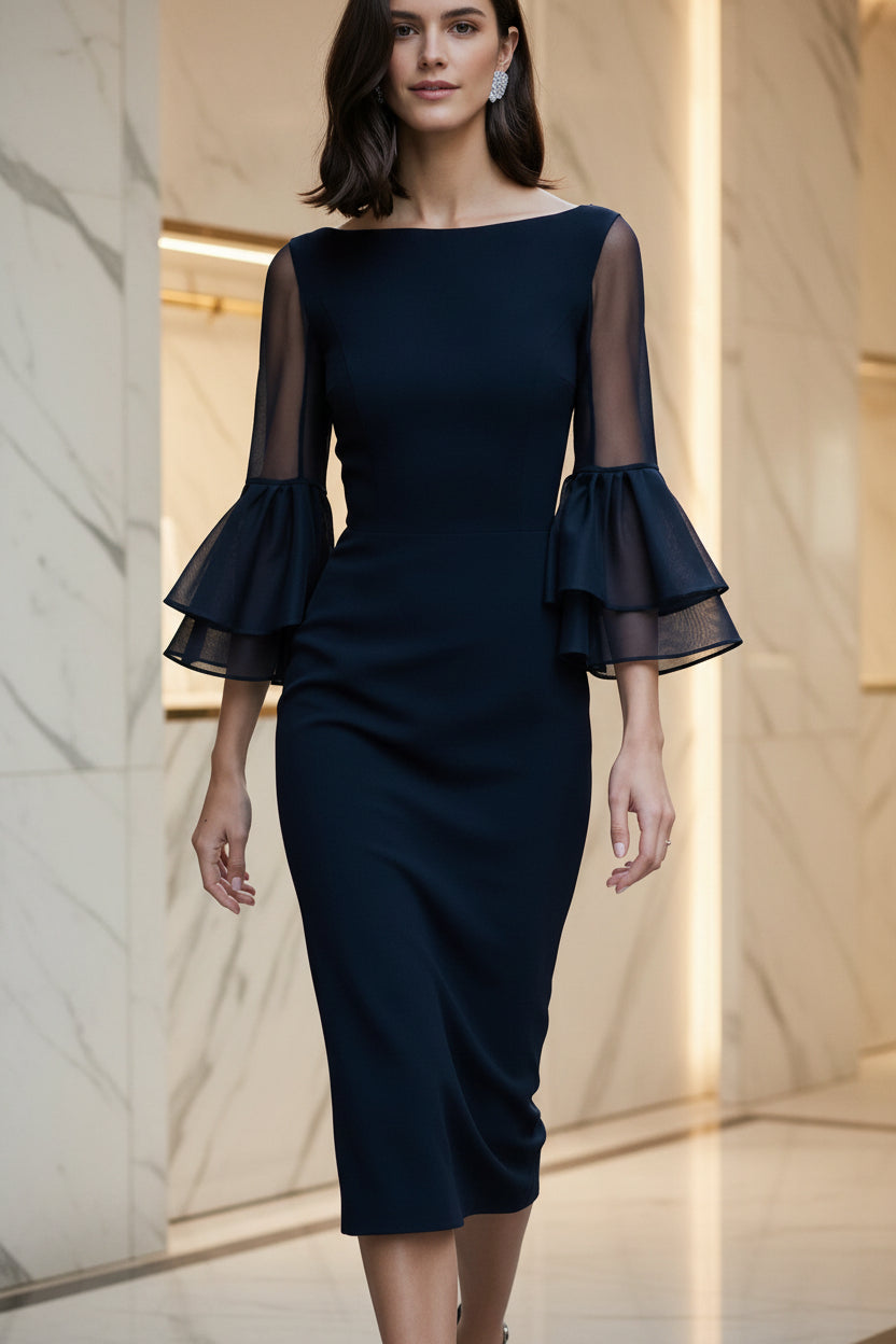 Mesh Sleeve Double Ruffle Cuff Midi Sheath Dress