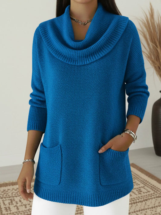 Full Size Cowl Neck Long Sleeve Sweater with Pockes Plus Size