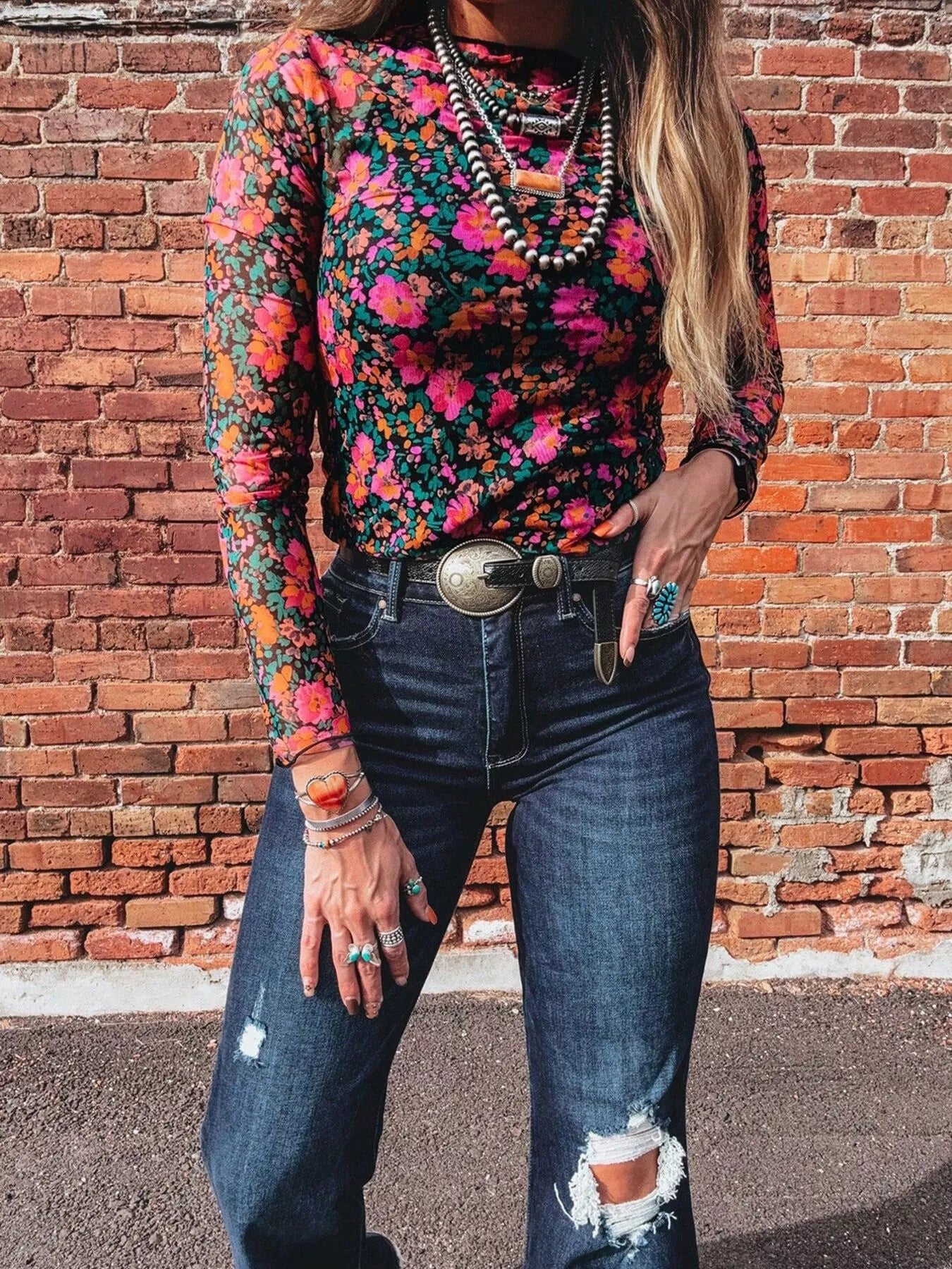 Printed Mesh Long Sleeve Slim Fit Top