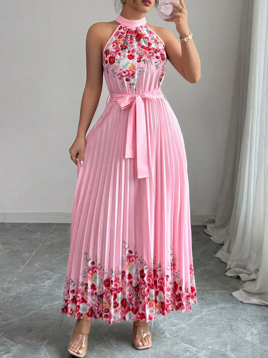 Halter Neck Floral Print Pleated Maxi Dress