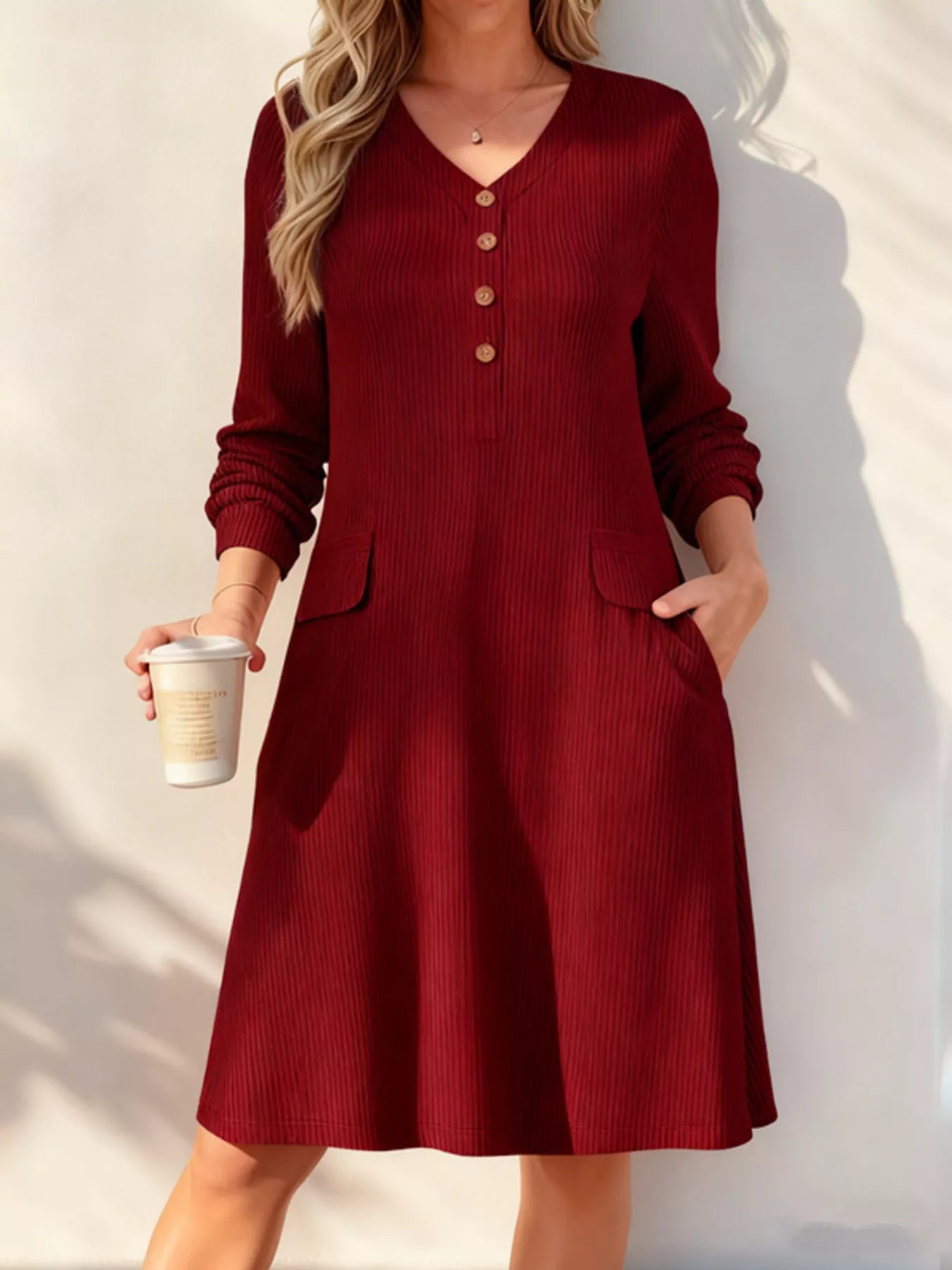 Full Size Ribbed Knit V-Neck Dress Plus Size