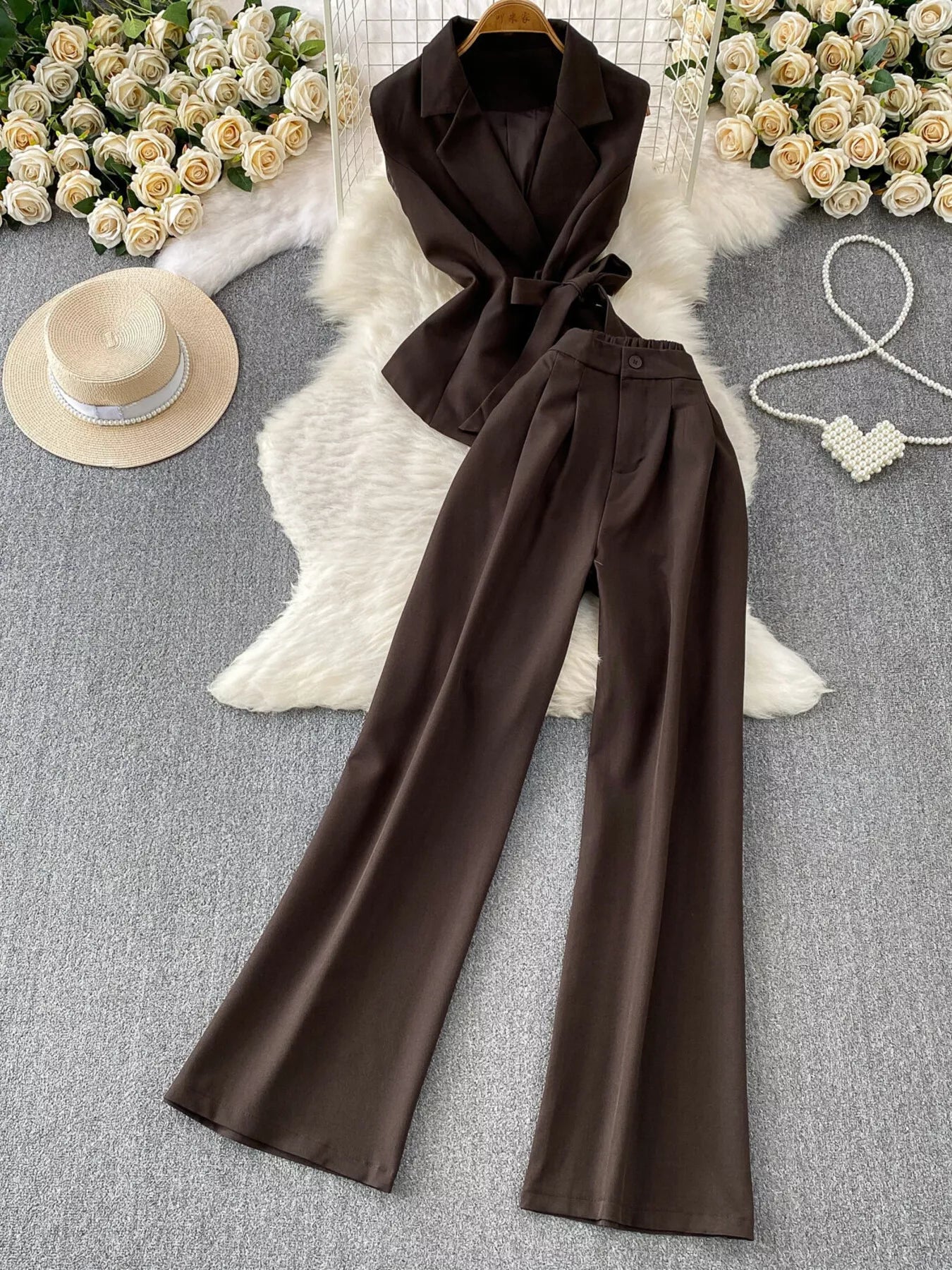 Sleeveless Blazer and Wide-Leg Pants Set
