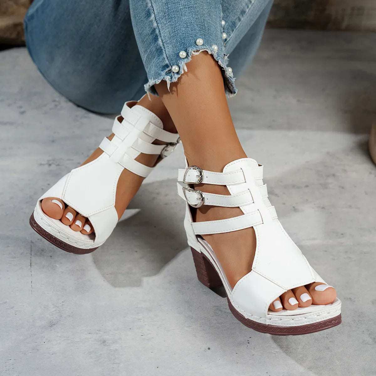 Block Heel Buckle Strap Sandals