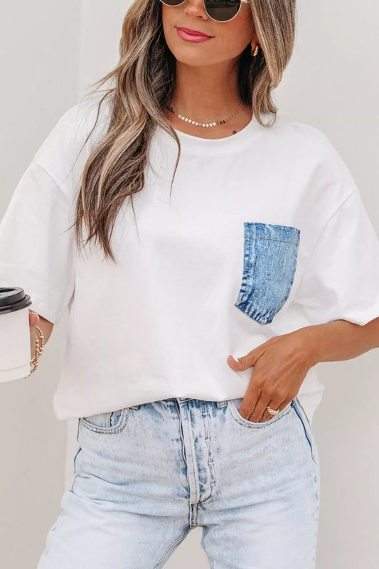 Color Block Chest Pocket Patched Casual Short Sleeve Top