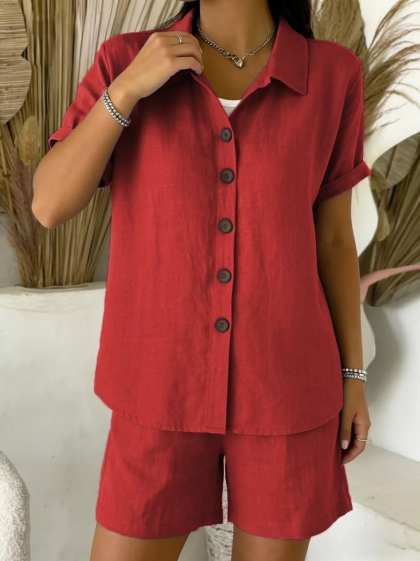 Full Size Button-Up Shirt and Shorts Set Plus Size
