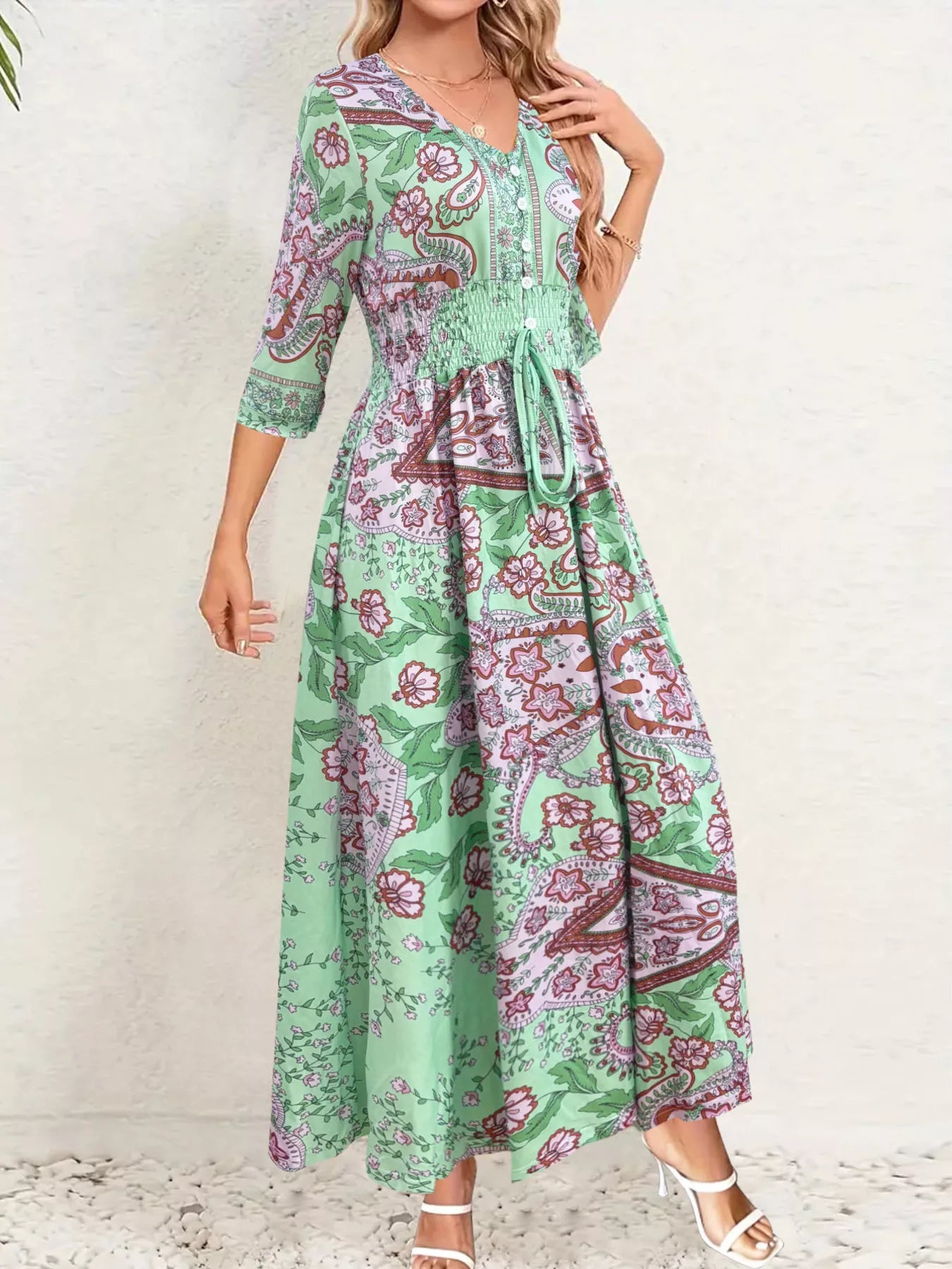 Smocked Printed Half Sleeve Dress