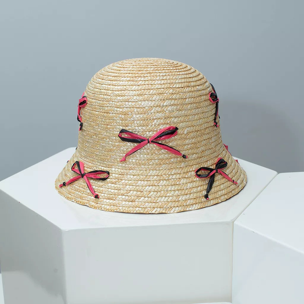 Bowknot Decor Straw Bucket Hat