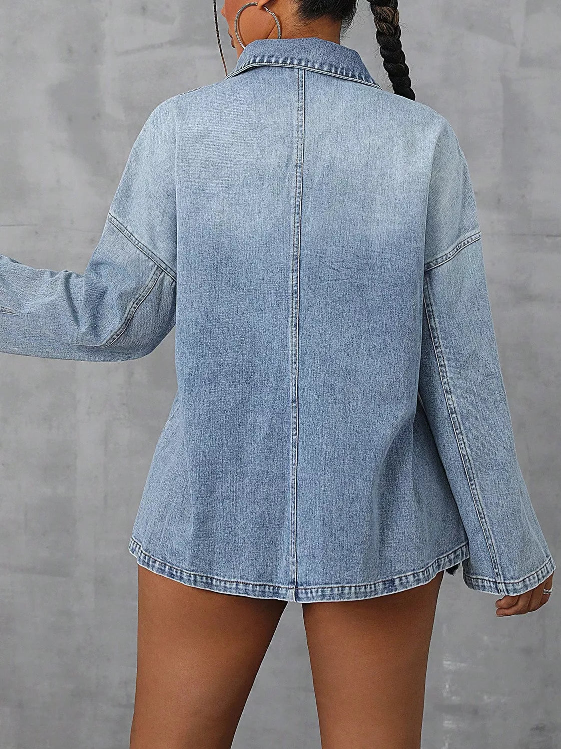 Collared Neck Drop Shoulder Denim Top
