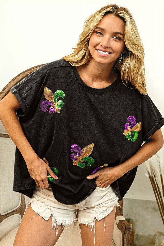 BiBi Fleur De Lis Sequin Patches Mardi Gras Sleeve Top