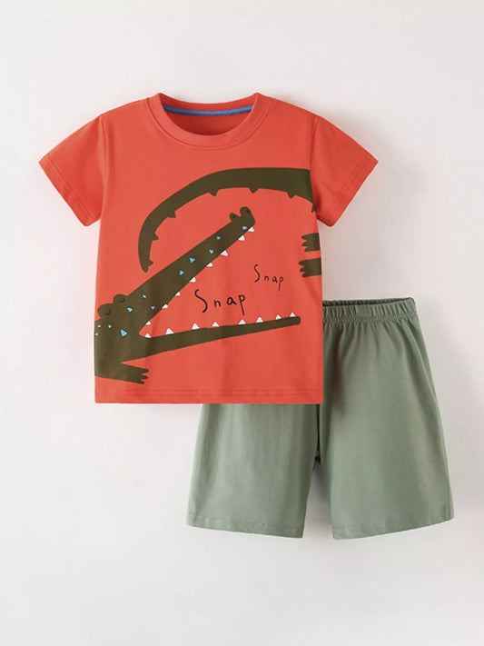 Children's Cartoon Crocodile Graphic Tee and Shorts Set