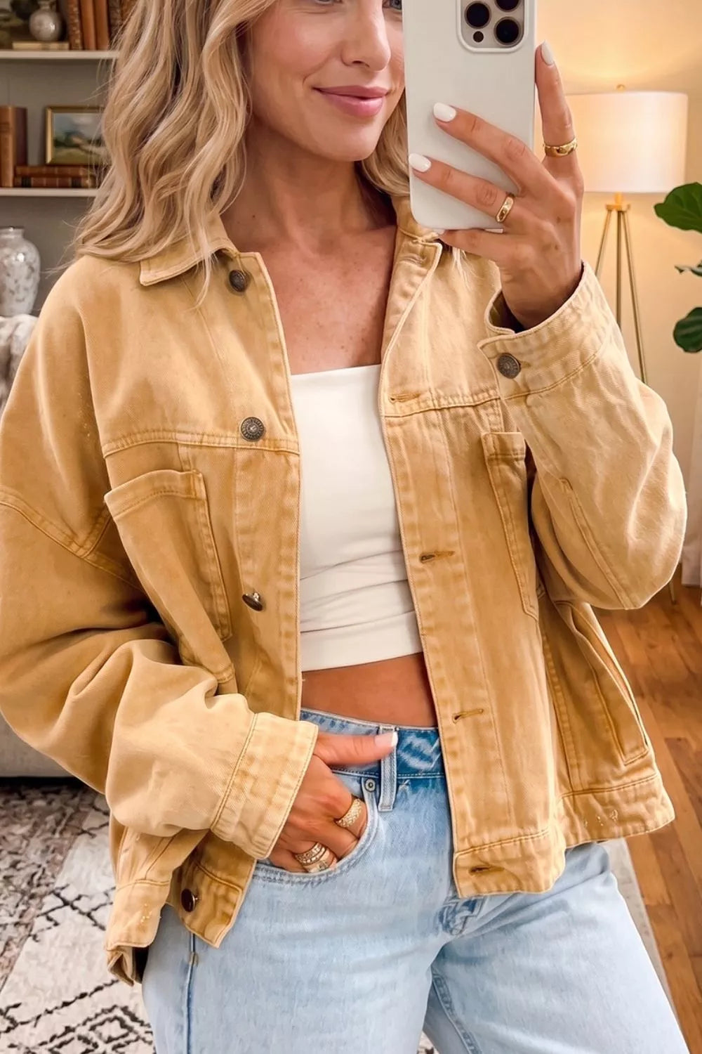 Metal Button Front Long Sleeve Collar Denim Jacket