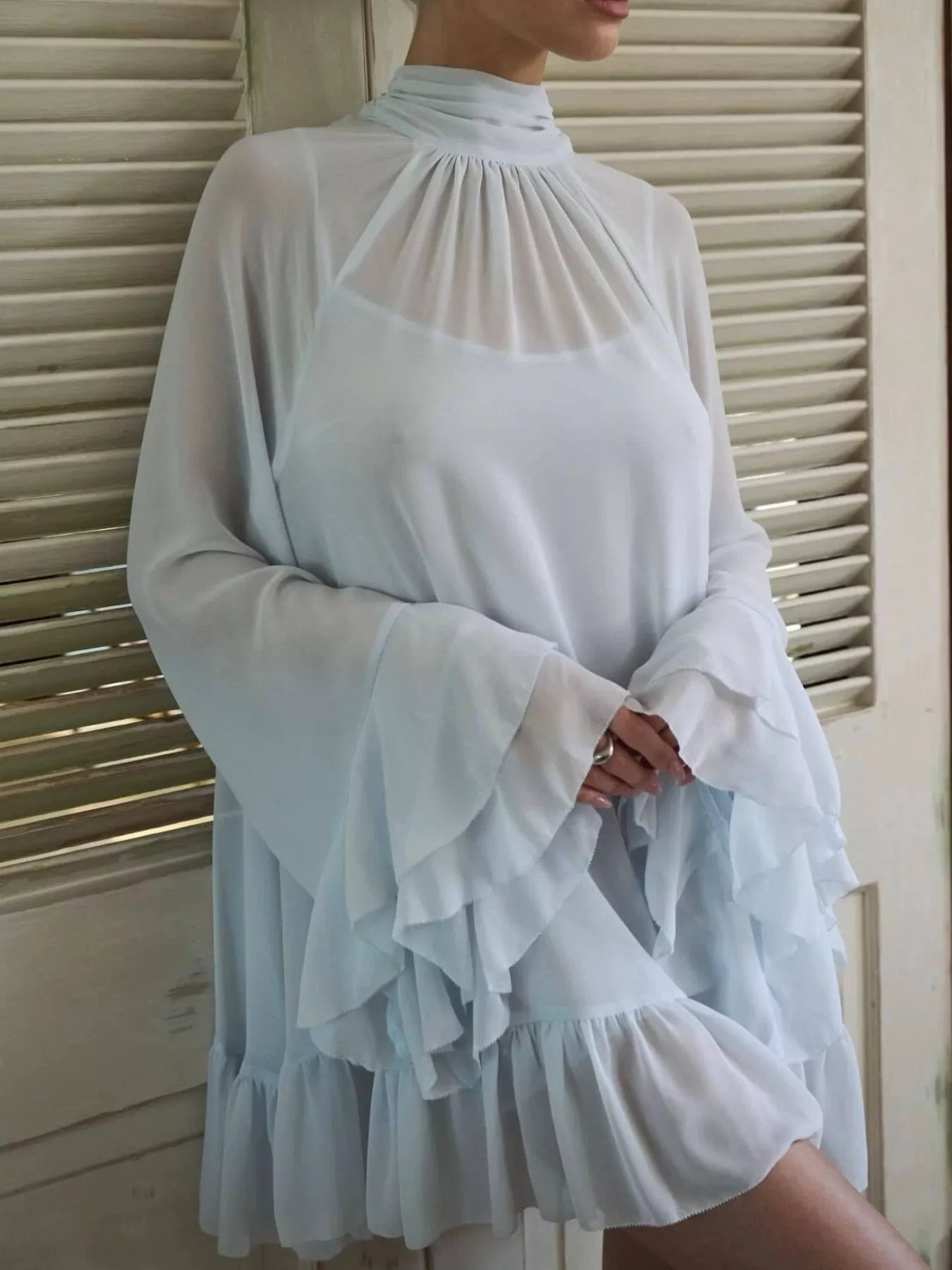 Sheer Mock Neck Flare Sleeve Dress