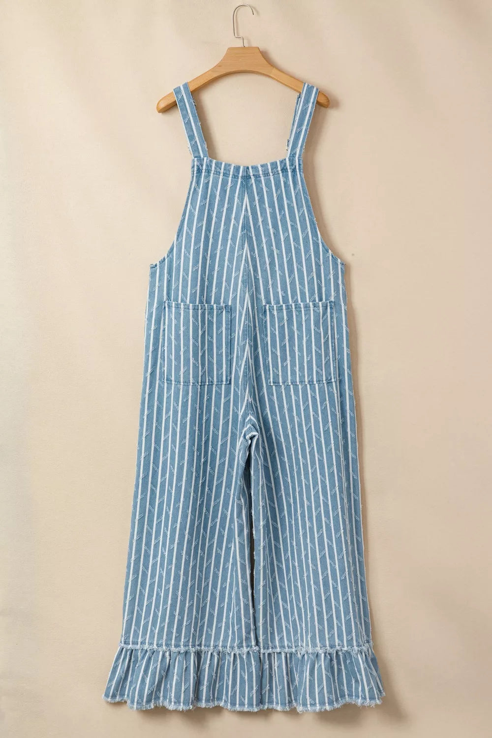 Striped Distressed Ruffled Wide Leg Denim Overalls