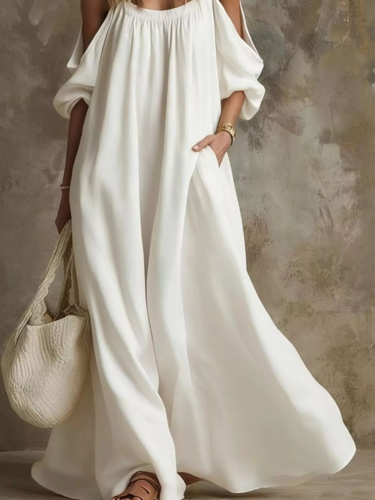 Full Size Cold-Shoulder Linen Maxi Dress Plus Size