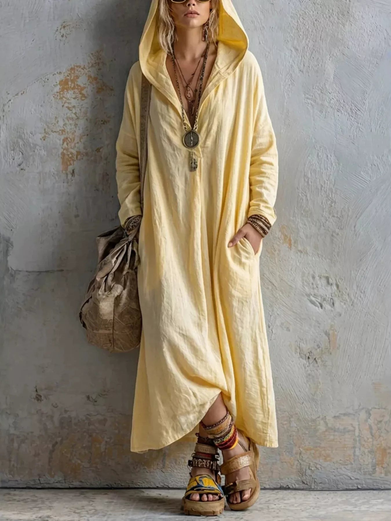 Long Sleeve Hooded Midi Dress with Pockets