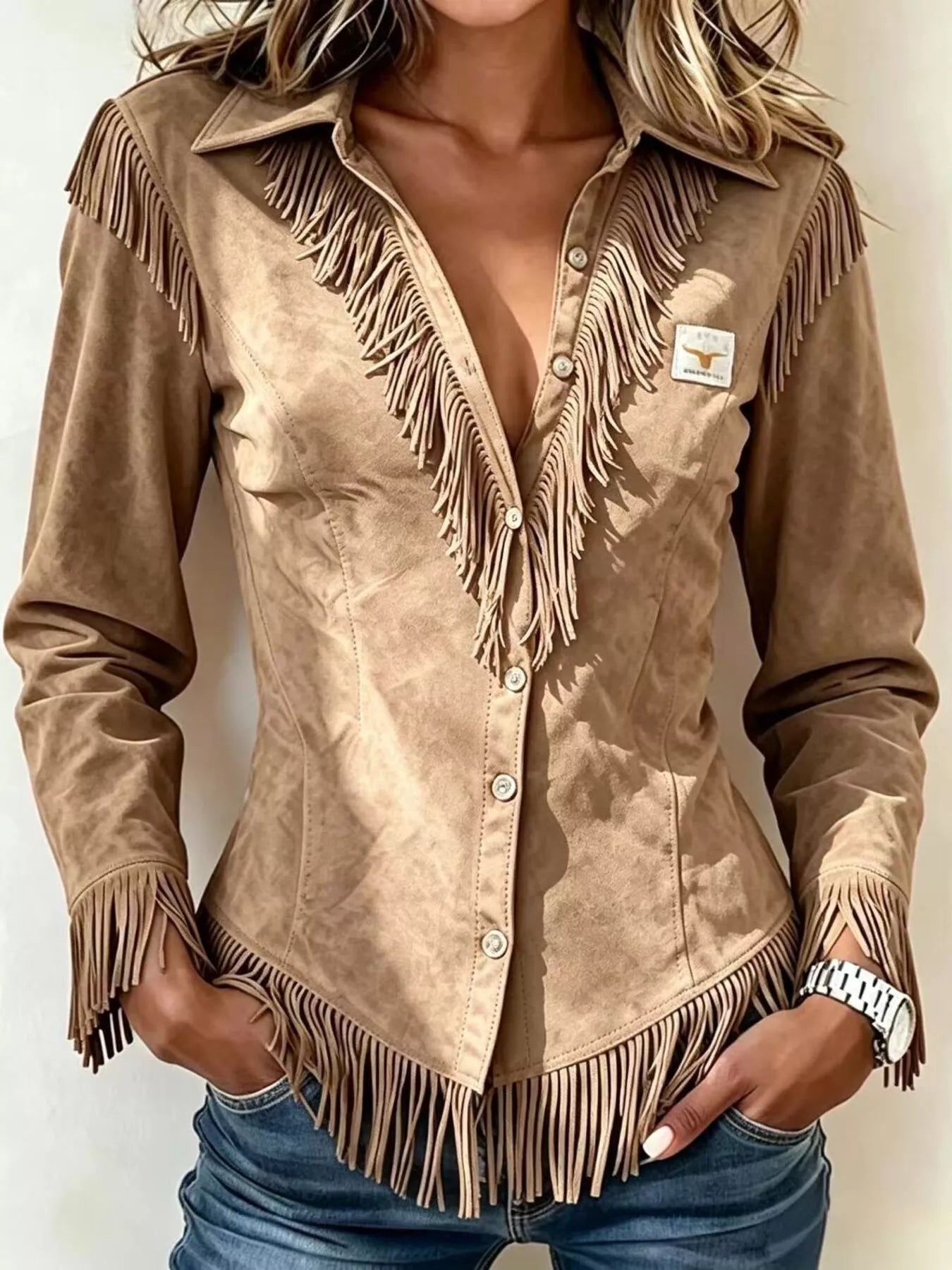 Full Size Fringed Collared Neck Shirt Plus Size