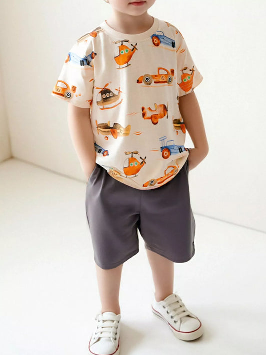 Children's Cartoon Vehicle Print T-Shirt & Shorts Set