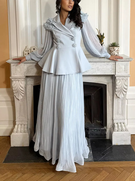 Frill Lapel Collar Top and Pleated Skirt Set