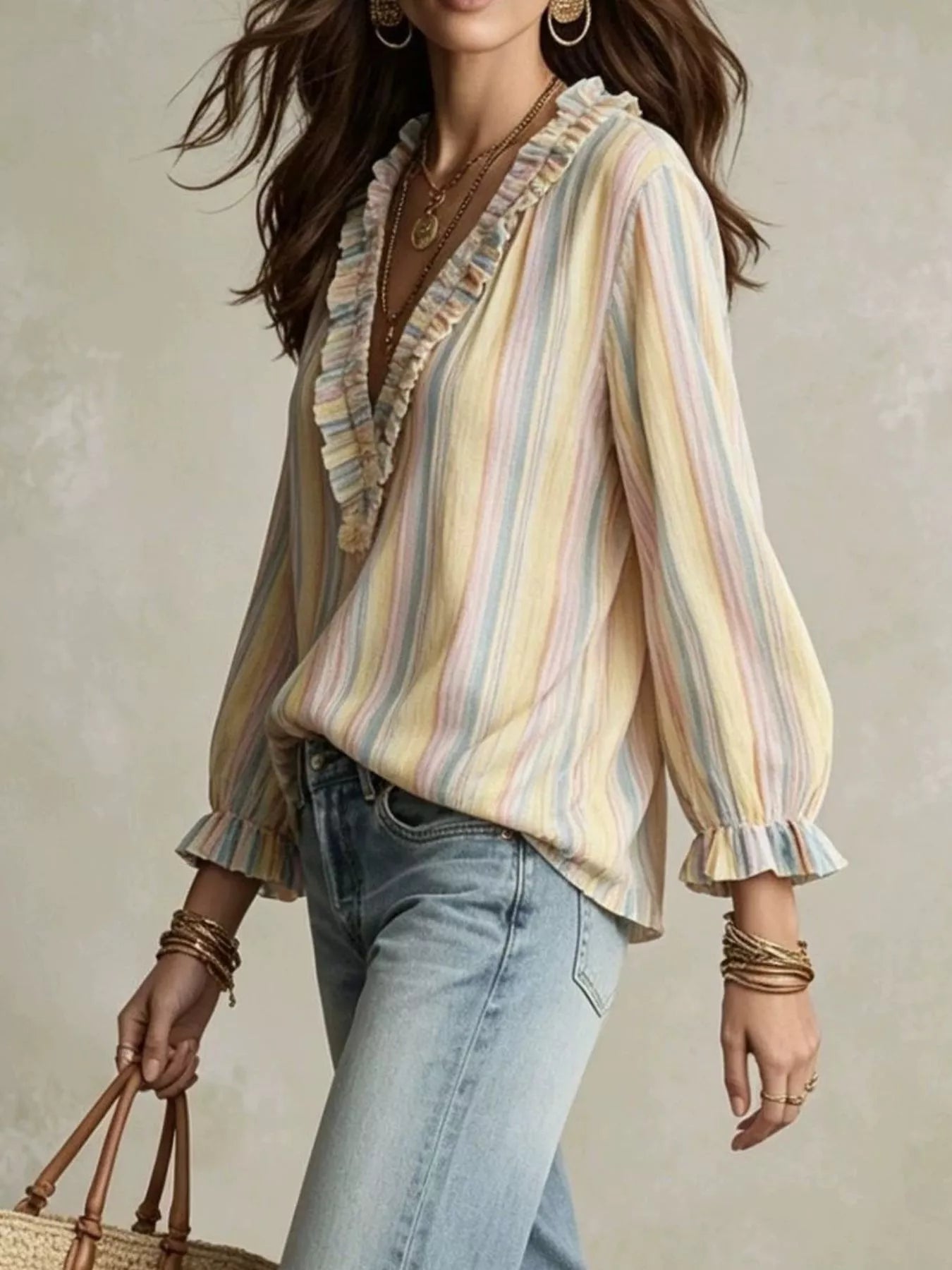 Striped V-Neck Long Sleeve Blouse