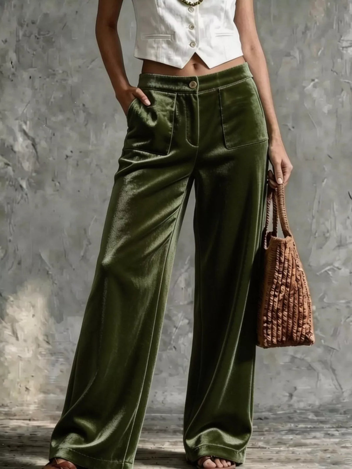 Full Size High-Waisted Wide-Leg Velvet Pants with Front Pockets Plus Size